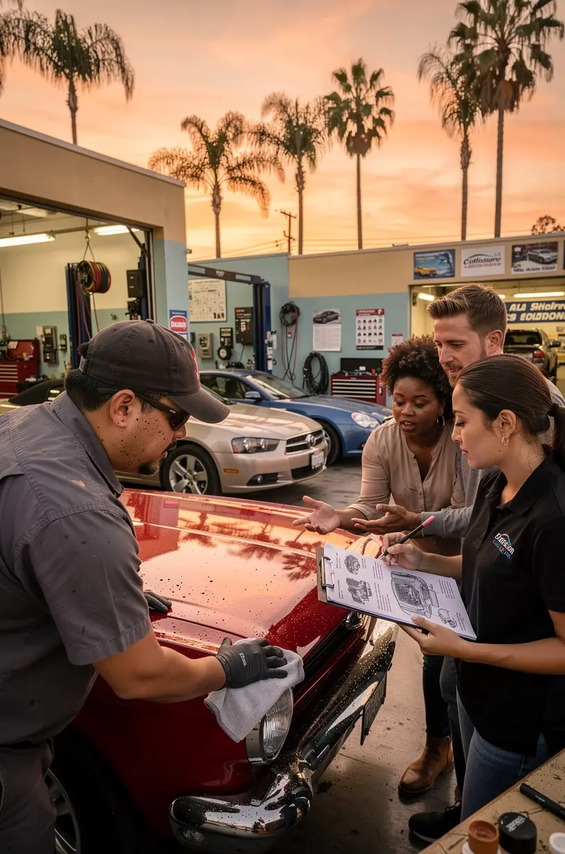 Modern collision repair facility with multiple cars undergoing body repair