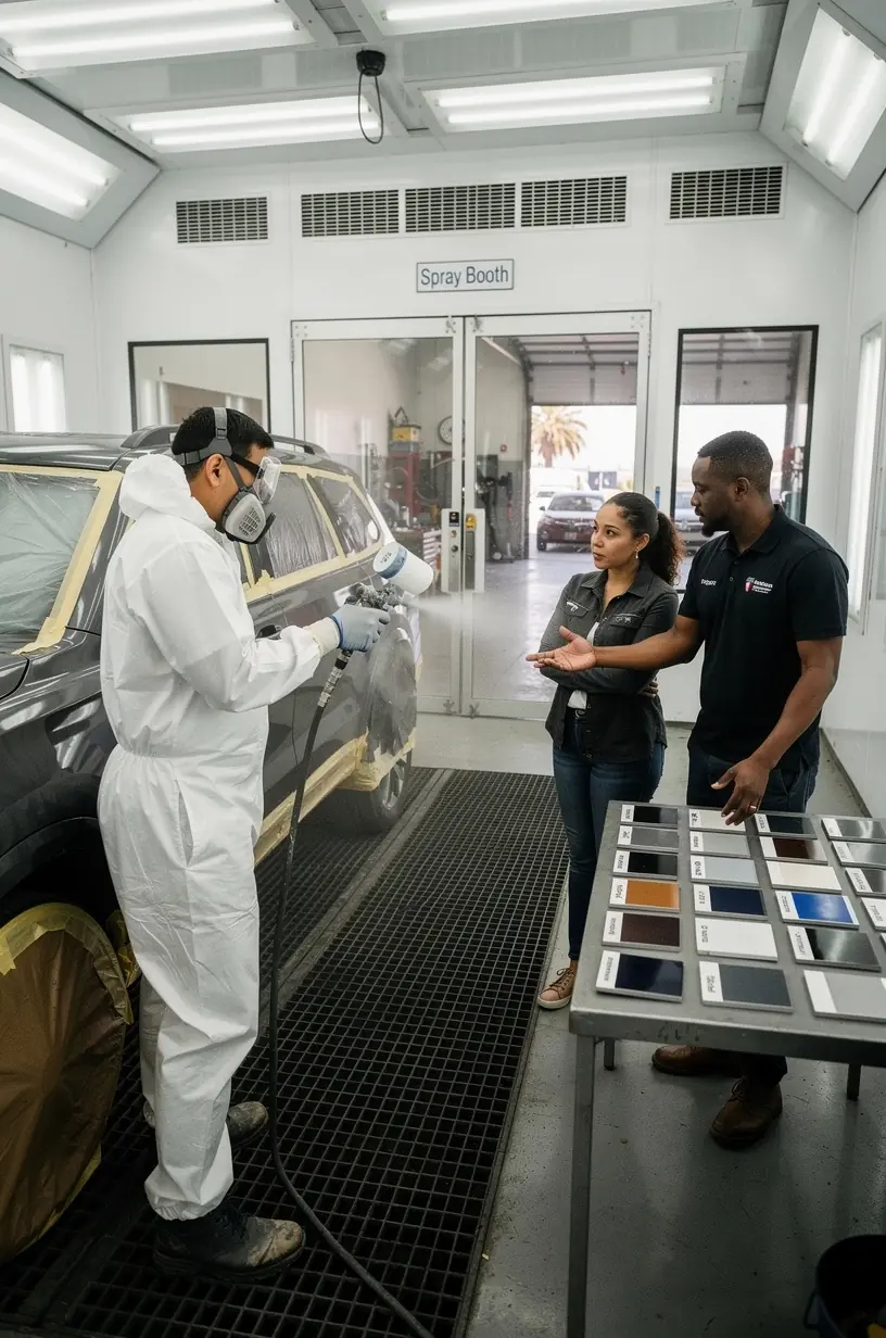 Customer reviewing insurance paperwork with service advisor at repair center